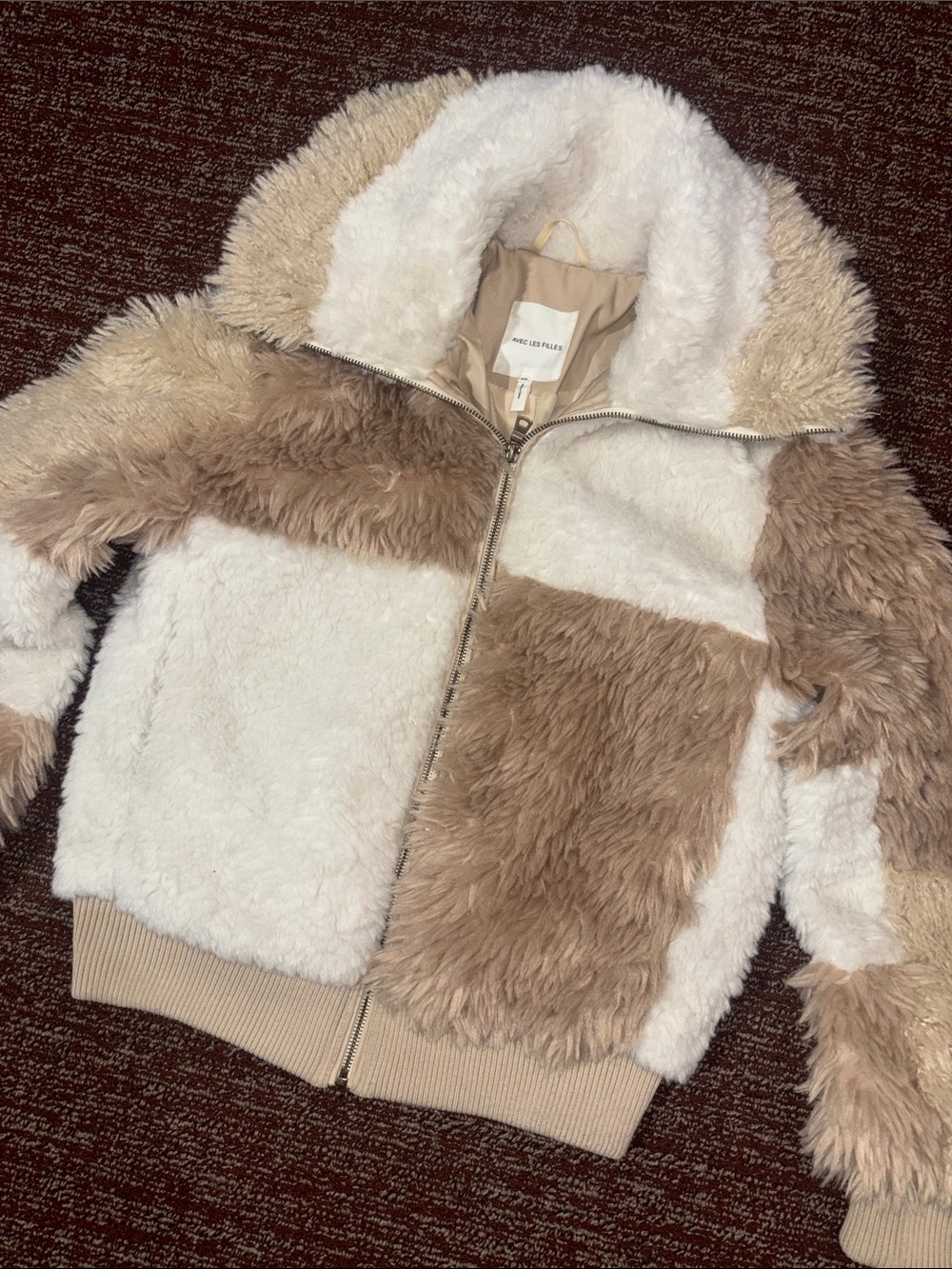 Avec les Filles jacket colorblock Sherpa bomber jacket large collar faux fur